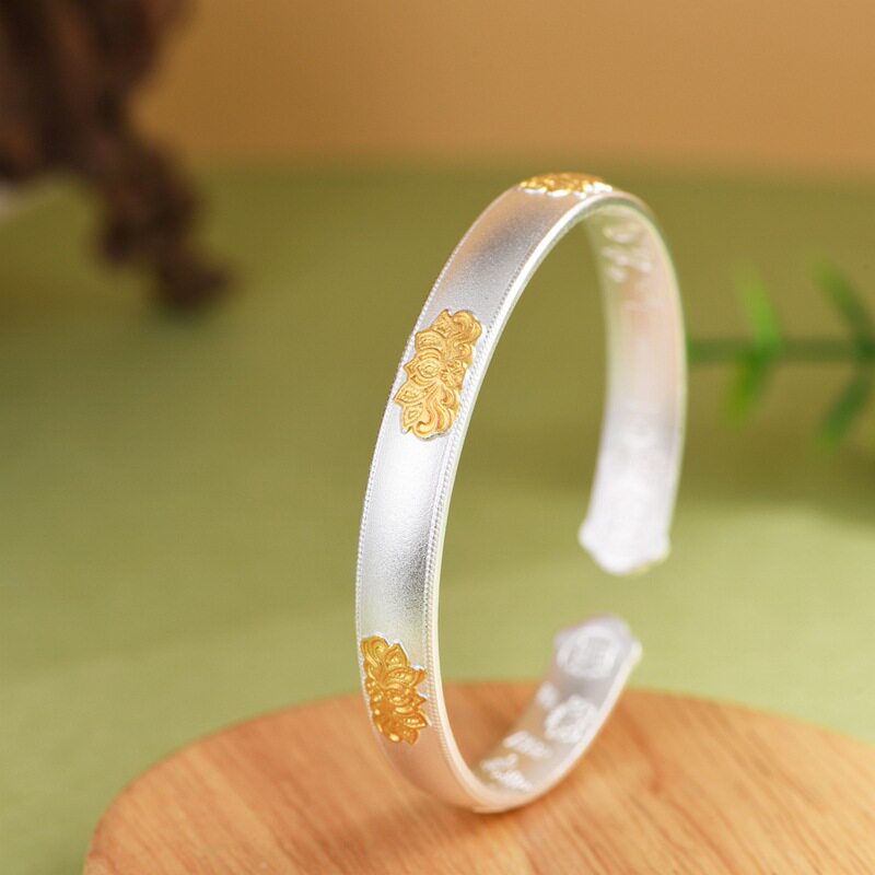 足银手镯素银描金工艺付掉莲花小众设计女款开口简约轻奢时尚镯子