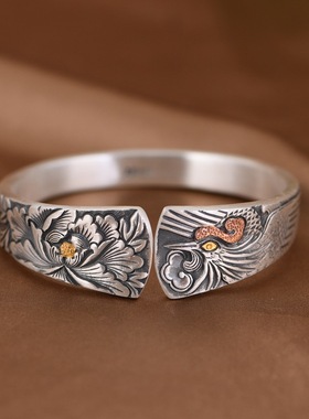 S999足银古朴优雅民族风凤凰牡丹复古做旧手工金银错宽版女款手镯