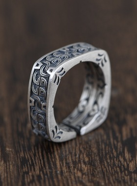 纯银戒指复古工艺简约方形银礼物