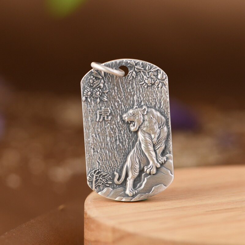 足银复古做旧吊坠老虎项链坠男款