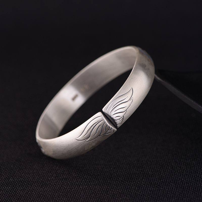 PURE SILVER 999 BRACELET WOMENS CHINESE LITERATURE AND ART RETRO ETHNIC STYLE RELIEF BUDDHIST LOTUS CHEONGSAM HANFU SILVER BRACELET