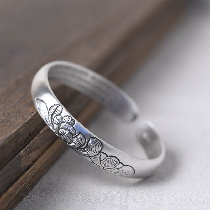 古银铺 足银990复古工艺莲花荷叶银饰镯子女款泰银哑光心经银手镯