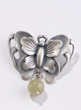 古银铺S925银复古做旧工艺胸针吊坠两用款棉麻服饰和田玉蝴蝶配饰