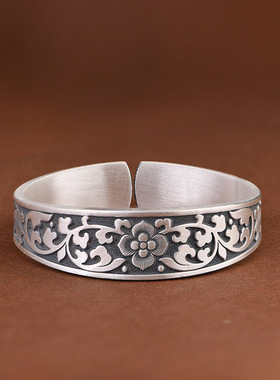 足银手镯宝相花小众设计开口镯子