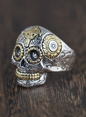 古银铺纯银复古银饰骷髅男款朋克