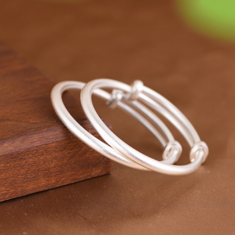 足银999手镯素面光圈可抽拉儿童礼物磨砂简约素银风格宝宝银镯子