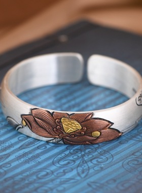 足银手镯复古莲花浮雕小众设计女