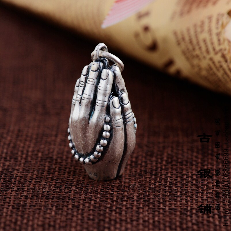 古银铺 足银990吊坠复古做旧工艺双手合十银佛手双面一念之间项坠