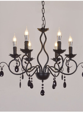 法式中古铁艺客厅餐厅吊灯黑色蜡烛水晶美式复古房间复式楼梯灯具
