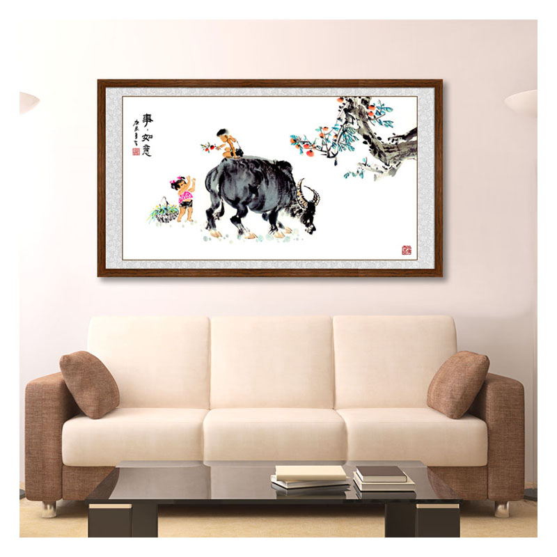 水墨山水画事事如意图横幅中式客厅儿童房牧童挂画红柿子树装饰画图片