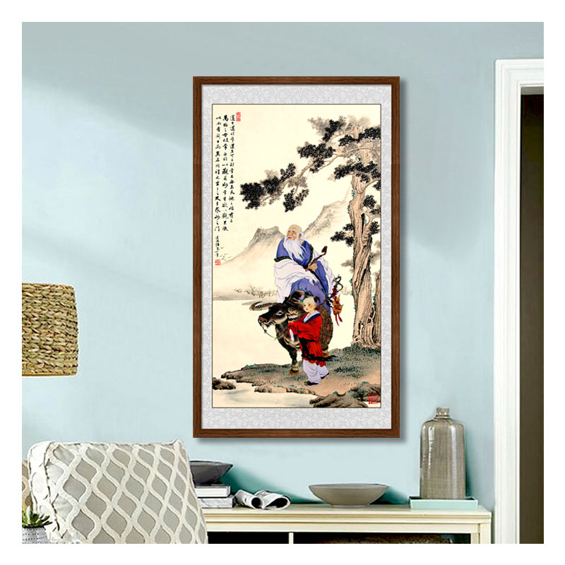 国画老子出关紫气东来挂画中式玄关装饰画老子画像水墨山水字画图片