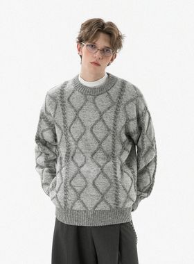 2025秋冬新款宽松圆领套头毛衣男麻花撞色上衣潮