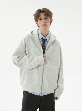 2025秋冬新款纯色双拉链连帽开衫卫衣外套男宽松休闲百搭运动上衣