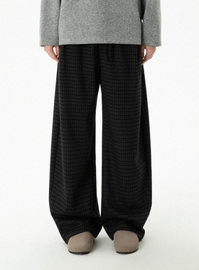 2026春秋新款老钱风弯刀裤男羊毛宽松休闲格纹阔腿裤潮