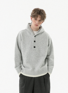 2025秋冬新款连帽宽松套头毛衣男假两件纯色上衣潮百搭