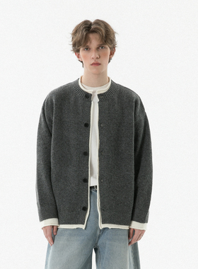 2025年秋冬新款假两件开衫毛衣男潮撞色宽松上衣外套