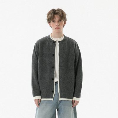 2025年秋冬新款假两件开衫毛衣男潮撞色宽松上衣外套