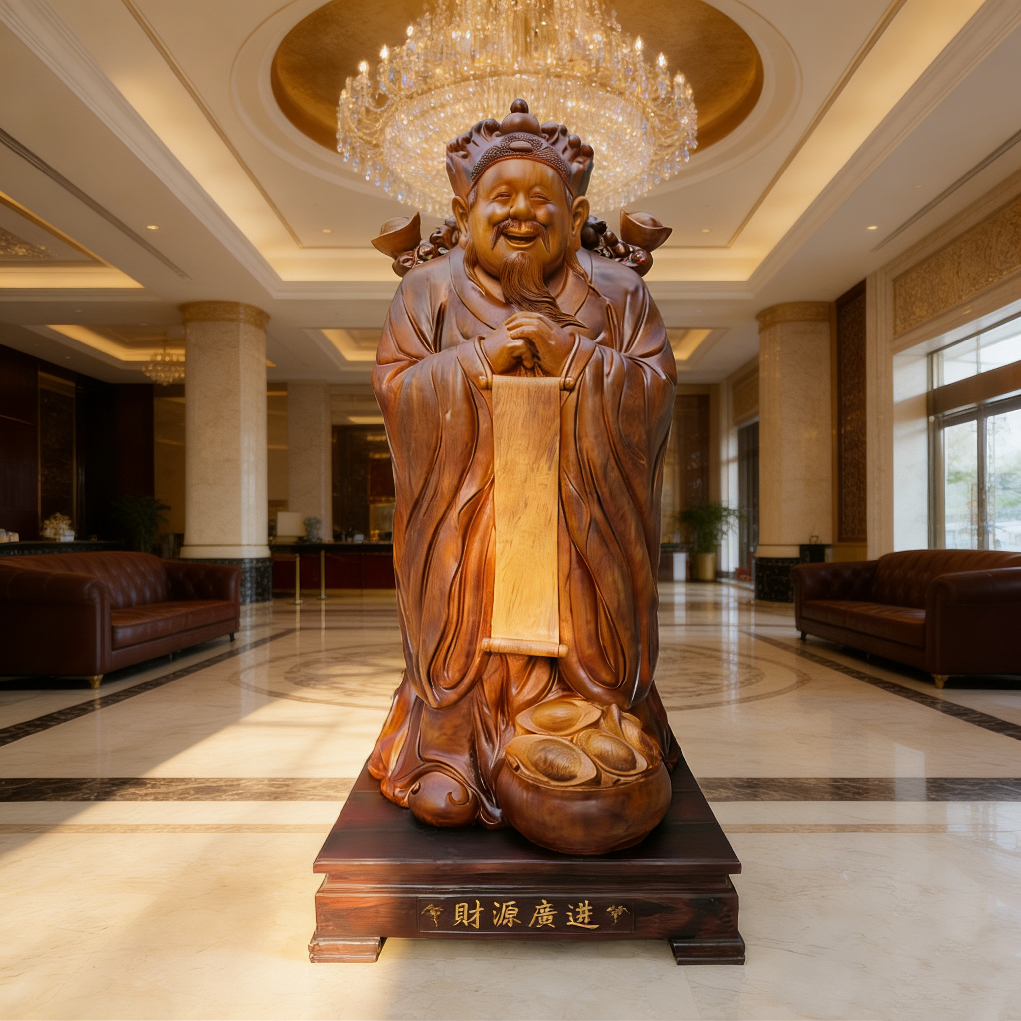实木香樟木财神爷佛像木雕酒店大堂落地根雕开业招财镇宅大气摆件