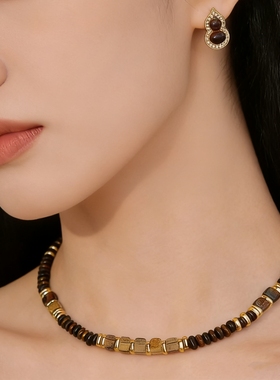 美拉德复古串珠锁骨链虎眼石项链