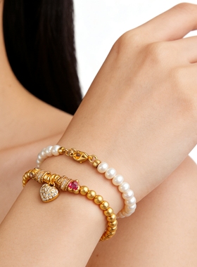 欧美爱心锆石珍珠双层小众手链