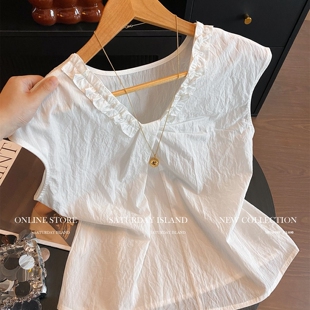 新款 女2025夏季 宽松显瘦上衣 亚麻背心衬衫 韩系设计感褶皱V龄无袖