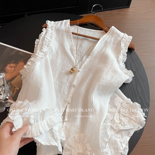 上衣 甜美减龄开衫 纯欲风褶皱木耳边拼接V领亚麻衬衫 女2025夏新款