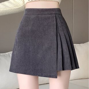 灰色灯芯绒百褶a字短裙裤女秋冬2025新款高腰气质不规则半身裙