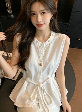 小背心系带收腰无袖娃娃衫女韩版白色上衣2026薄款夏季休闲小个子
