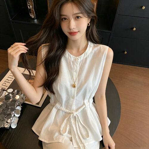 小背心系带收腰无袖娃娃衫女韩版白色上衣2026薄款夏季休闲小个子