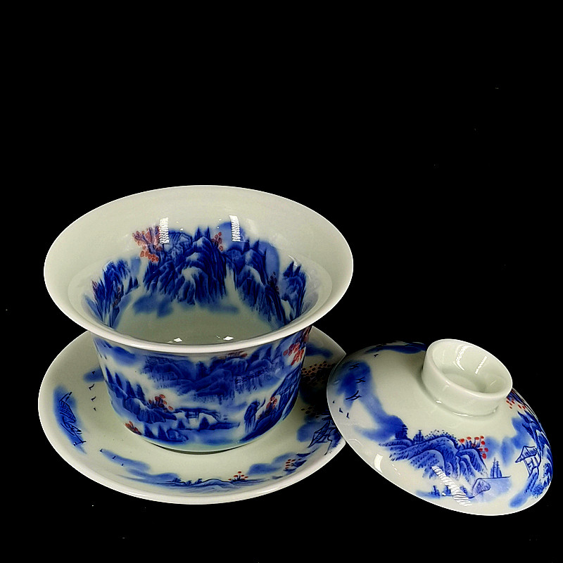景德镇仿古青釉青花釉里红山水全景内绘陶瓷三才盖碗单茶杯品茗杯