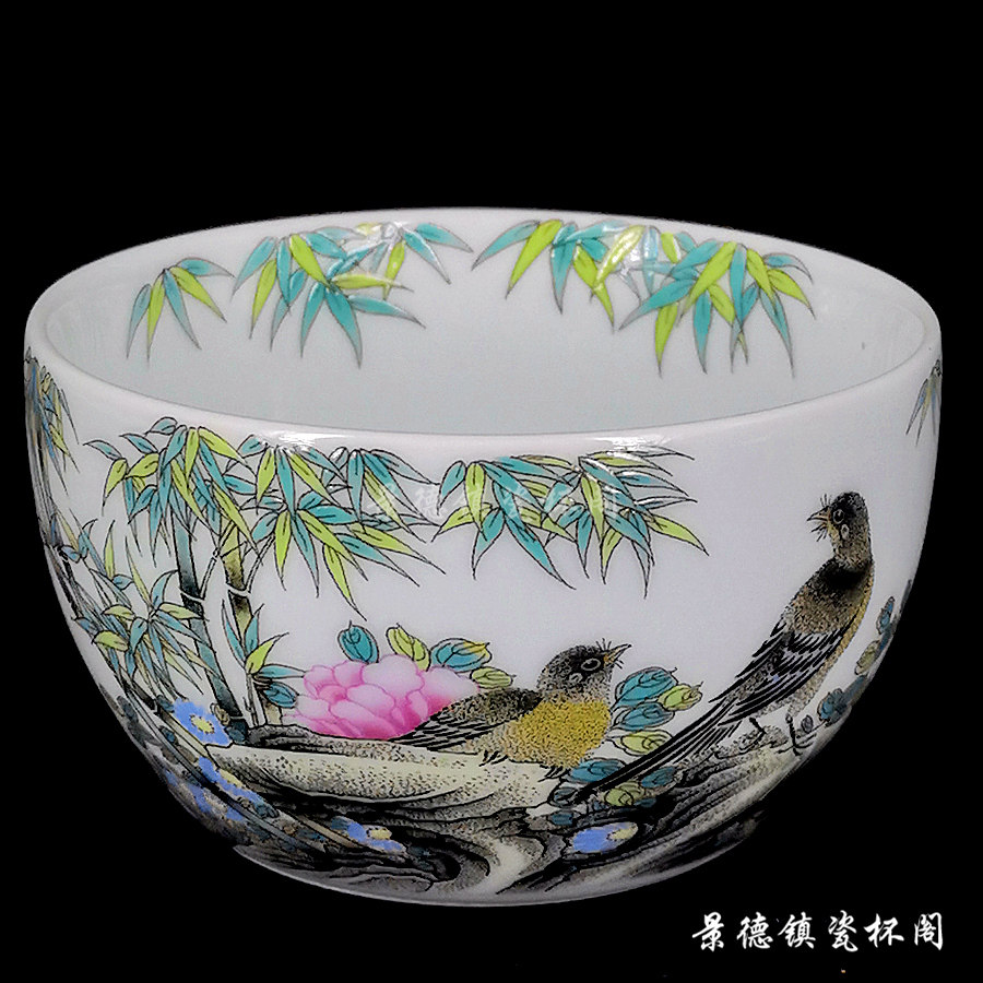 景德镇仿古青釉釉上粉彩竹子花鸟富贵长寿图大号主人茶酒杯150ml