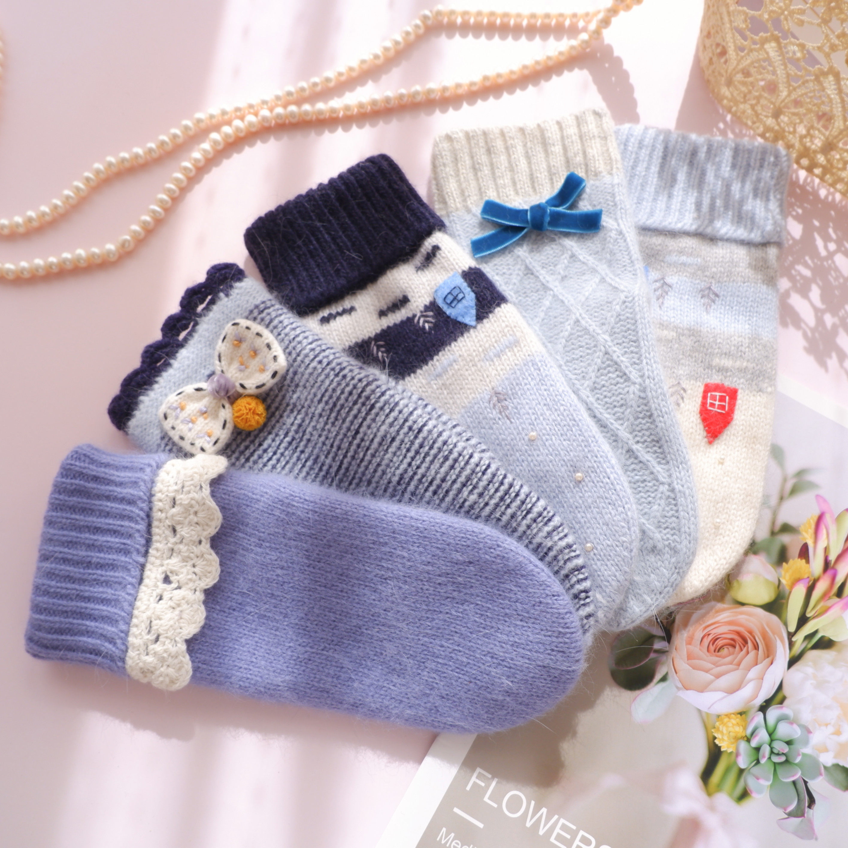 手套冬天女挂脖兔毛加绒加厚骑行可爱软妹韩版全指防寒保暖日系蓝