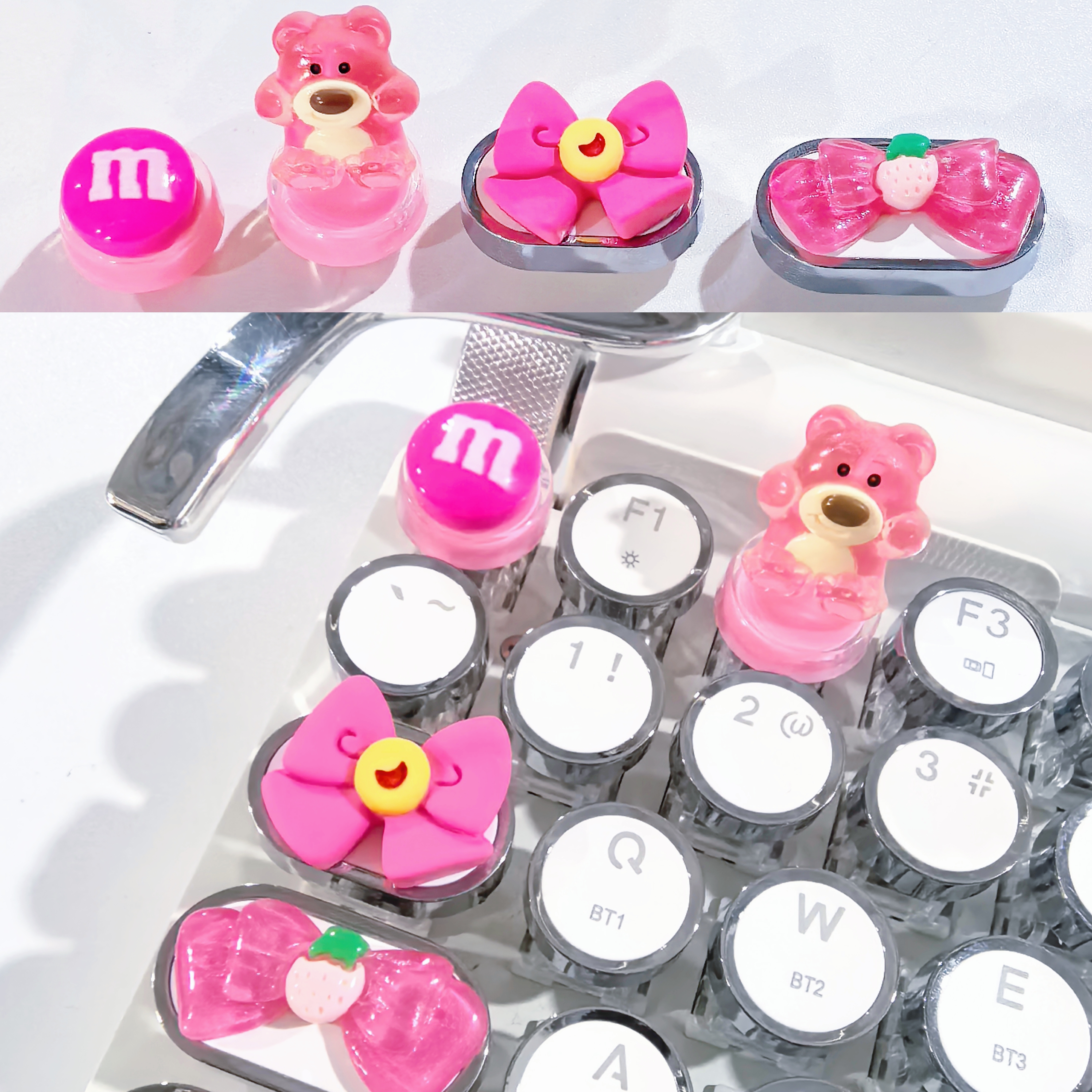 手工tab键帽蝴蝶结caps草莓熊m豆圆形粉色机械键盘个性键帽可爱女