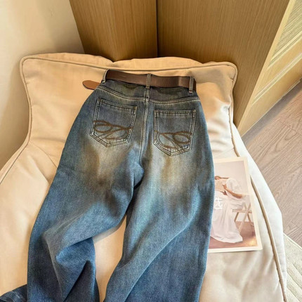 【运补6-8】7695 Q加绒窄版显瘦阔腿裤冬季新柔软高腰宽松牛仔裤