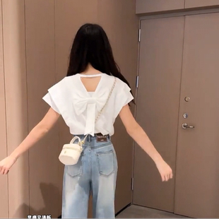 7141 【在逃公主】 GY白色蝴蝶结飞飞袖T恤