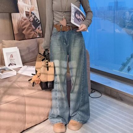 【运补6-8】7669  Q【可可蓝】阔腿直筒垂感牛仔裤女高腰显瘦裤