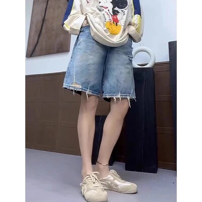【运补6-8】【送黄色腰带】复古做旧水洗破洞五分牛仔裤女7532 Z