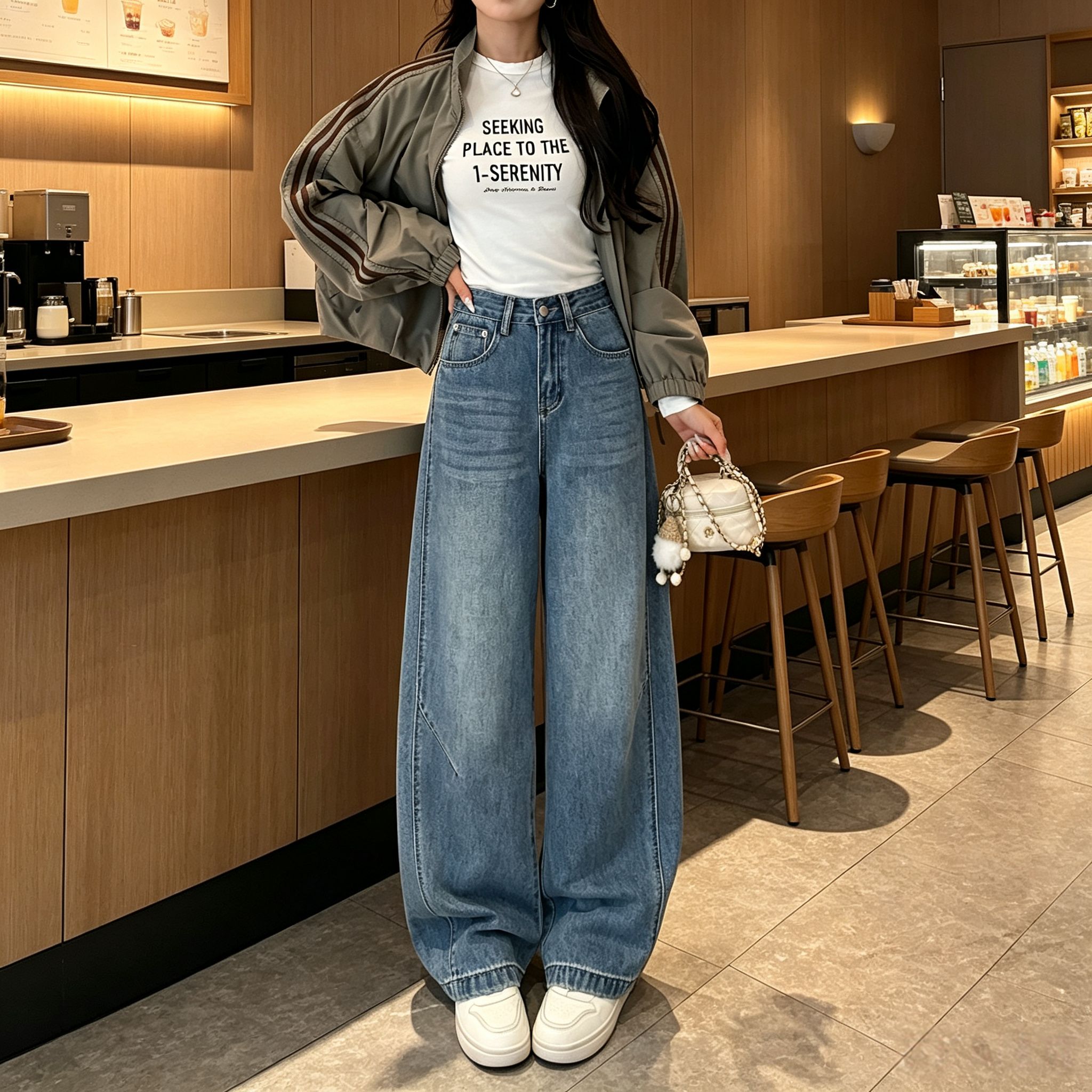 韩系分割弯刀牛仔裤女高腰浅蓝水洗宽松阔腿束脚遮胯显瘦垂感长裤