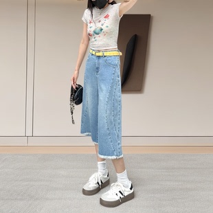 韩版ins风浅蓝色七分牛仔阔腿裤女生夏季高腰显瘦小众设计感裤子