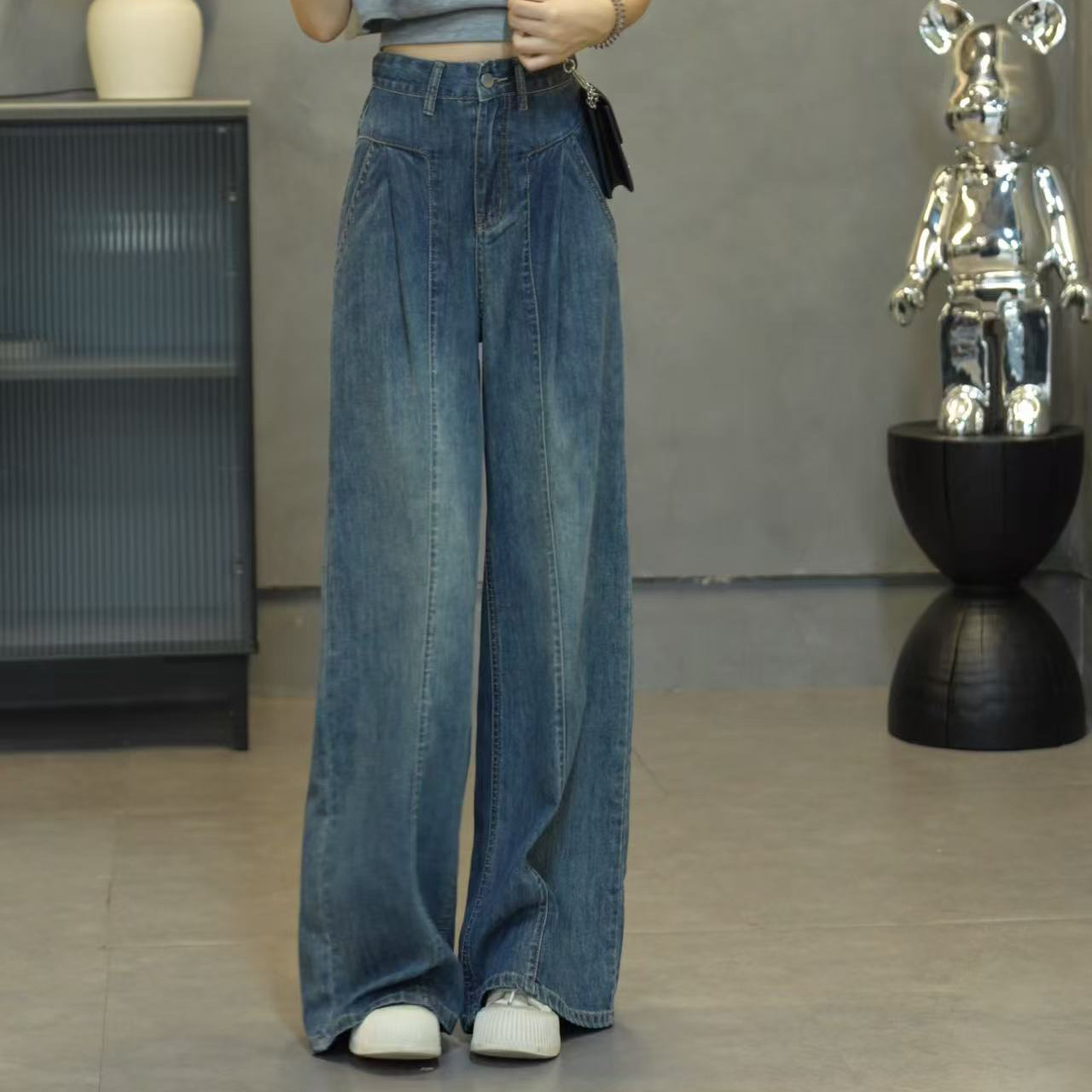 墨黛蓝新款复古休闲阔腿高腰显瘦垂感百搭直筒裤牛仔裤女7300 G