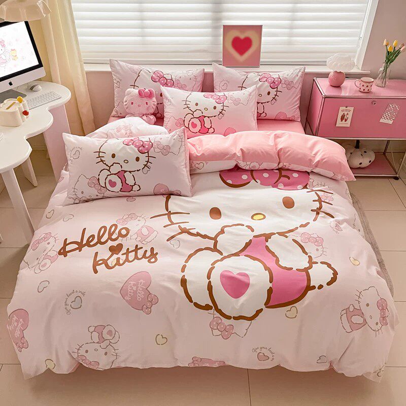 DHWA女孩hellokitty纯棉被套单件儿童KT猫卡通全棉学生宿舍三件套