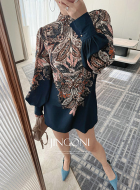JINGONI复古印花长袖连衣裙子女灯笼袖短裙法式衬衫裙小个子显瘦