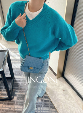 JINGONI纯色套头V领毛衣女上衣2025年新款休闲韩版百搭针织衫长袖