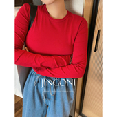 T恤女上衣春秋季 打底衫 内搭修身 纯色百搭圆领长袖 显瘦弹力短款 潮