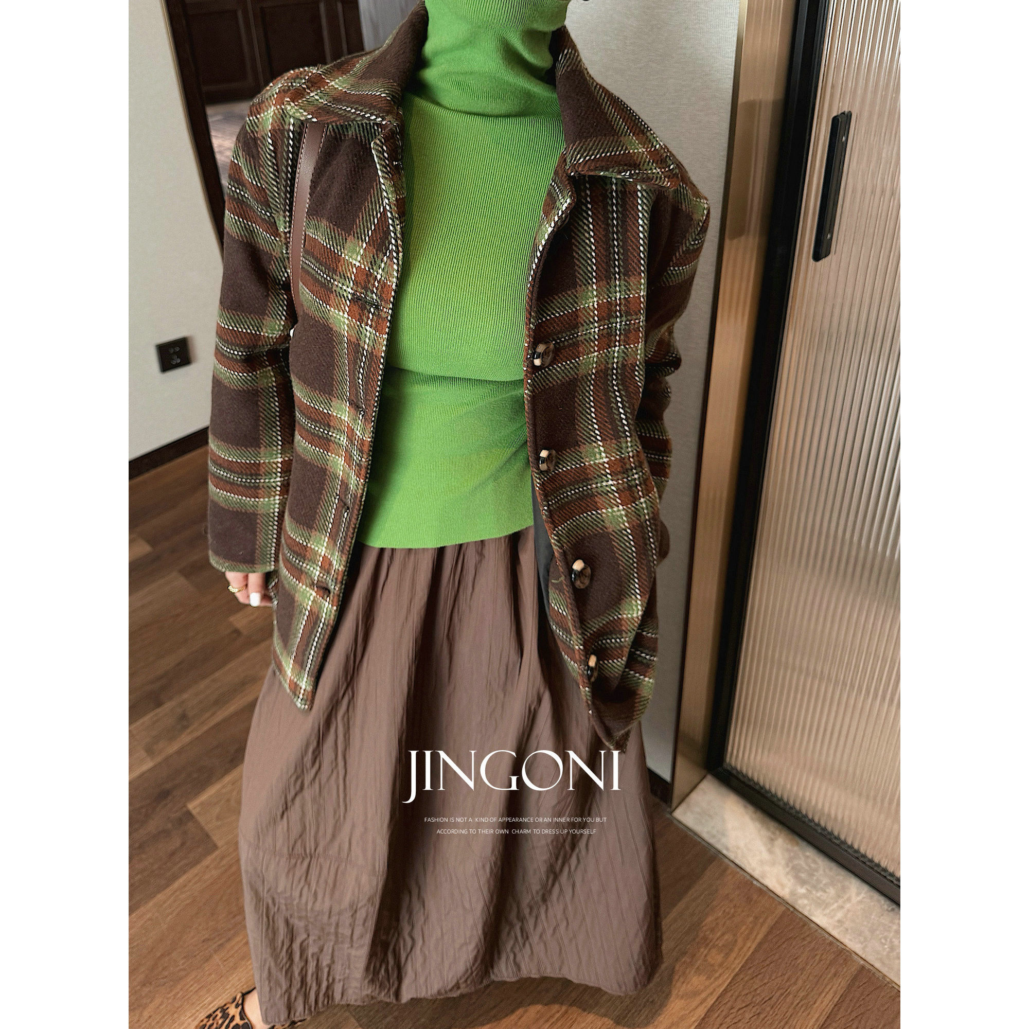 JINGONI格子翻领毛呢外套女秋冬新款复古英伦大衣风衣宽松显瘦潮