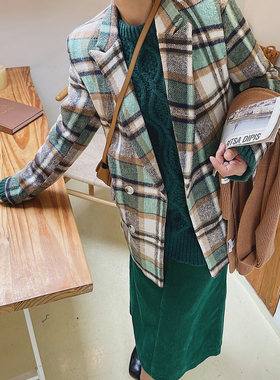 绿色格子毛呢子外套女大衣2024年新款秋冬季小个子韩版气质赫本风