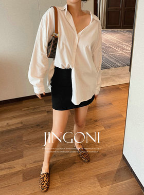 JINGONI纯色长袖衬衫女白色春秋季新款宽松简约气质显瘦休闲衬衣