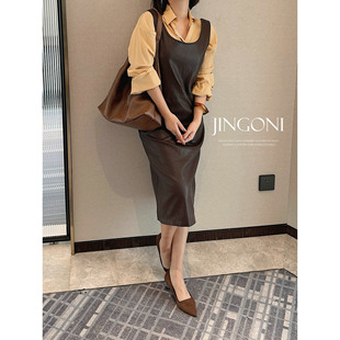 JINGONI皮革背心无袖连衣裙女直筒修身显瘦韩系气质中长款春新款