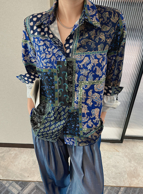 JINGONI醋酸蓝色复古长袖衬衫女上衣春夏季新款宽松高级缎面衬衣