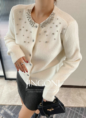 JINGONI亮钻毛衣开衫女上衣针织衫秋冬短款复古法式气质短款长袖
